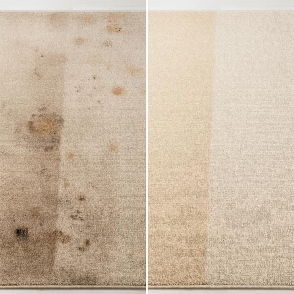 Before and after area rug deep cleaning — dirt and odor removed